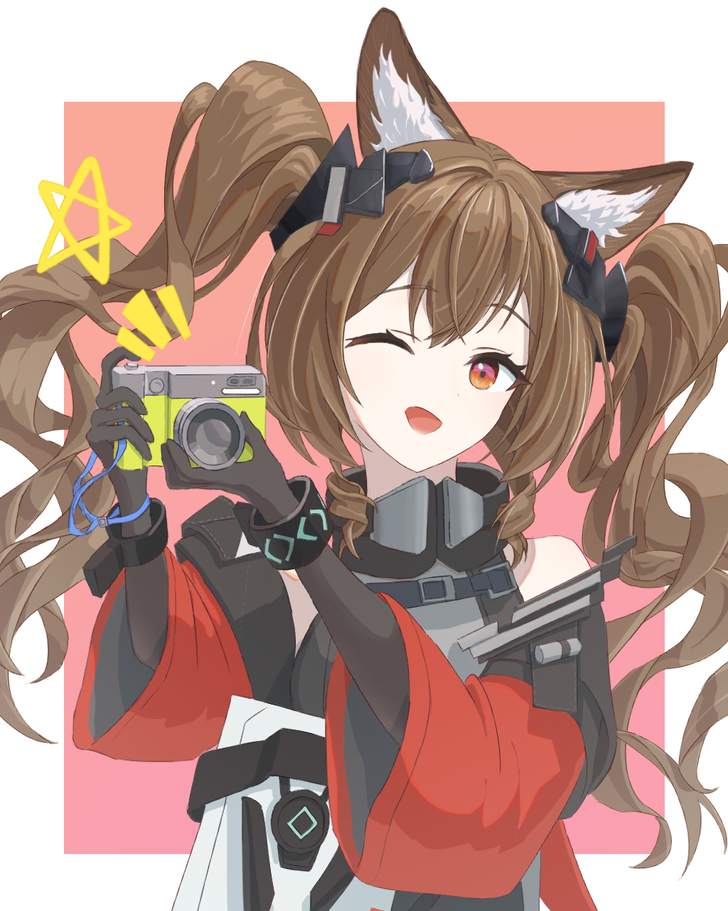 1girl, :d, adjusting_camera, afuetto, angelina_(arknights), animal_ear_fluff, animal_ears, arknights