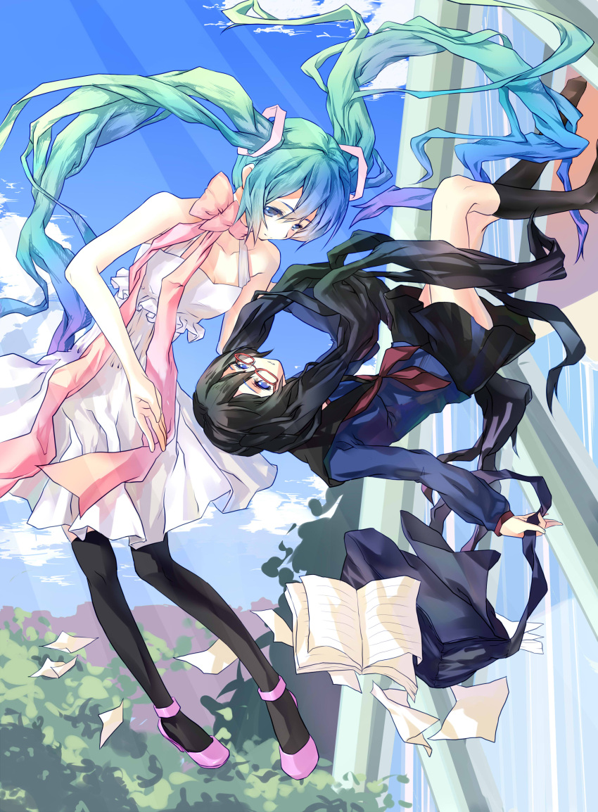 absurdres, bag, cloud, dress, glasses, hatsune_miku, highres, kneehighs, long_hair, monochro_blue_sky_(vocaloid), multiple_girls, paper, school_uniform, serafuku, sky, thigh-highs, thighhighs, twintails, very_long_hair, vocaloid, wanmixia
