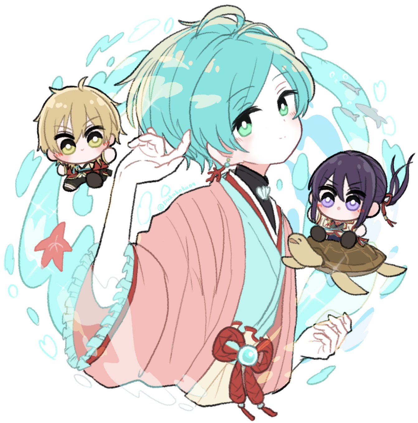 3boys, :o, ahoge, blonde_hair, blue_gem, blue_hair, blue_kimono, blush