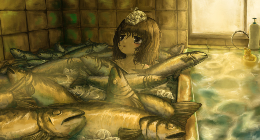 1girl, absurdres, black_eyes, black_hair, black_souls, chinese_commentary, commentary_request, fish
