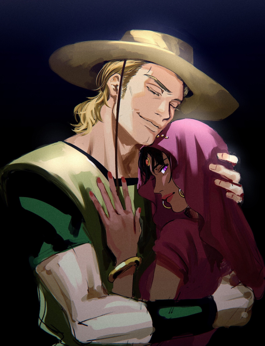1boy, 1girl, absurdres, black_background, blonde_hair, closed_eyes, closed_mouth, denisefanta, earrings, forehead_jewel, green_shirt, hat, hetero, highres, hol_horse, hug, jewelry, jojo_no_kimyou_na_bouken, nena_(jojo), shirt, short_hair, sideburns, simple_background, stardust_crusaders, tan, veil, violet_eyes