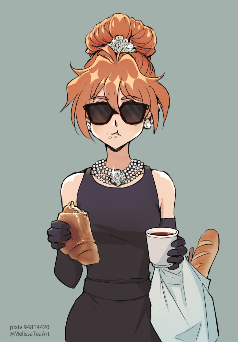 1girl, audrey_hepburn, bag, baguette, black_dress, black_gloves, bread, breakfast_at_tiffany's