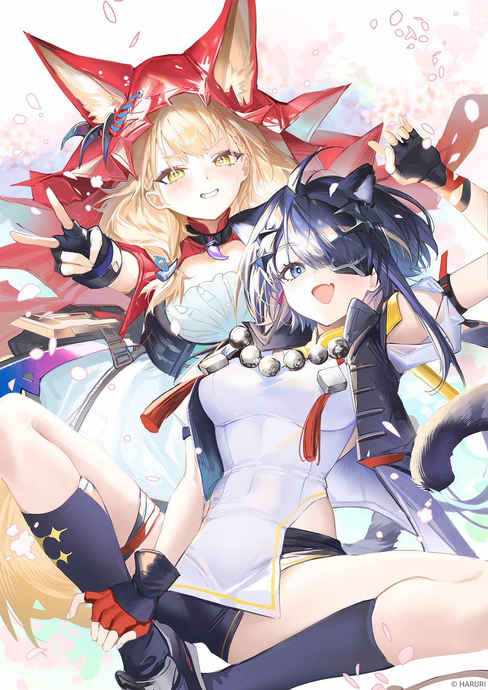 2girls, :d, animal_ears, arknights, arknights:_endfield, black_gloves, black_hair, black_socks