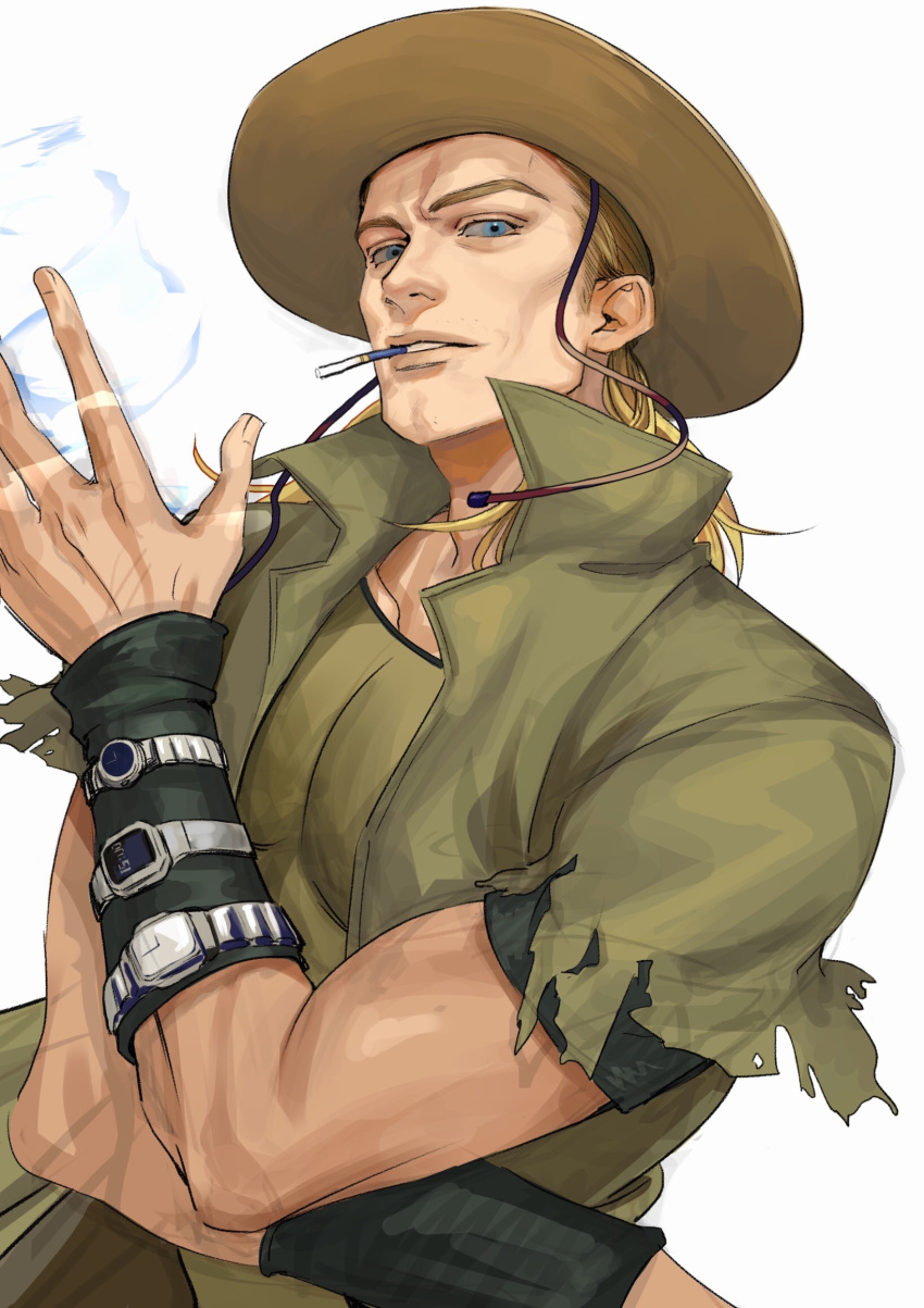 1boy, blonde_hair, blue_eyes, chinese_commentary, cigarette, commentary_request, denisefanta, green_jacket