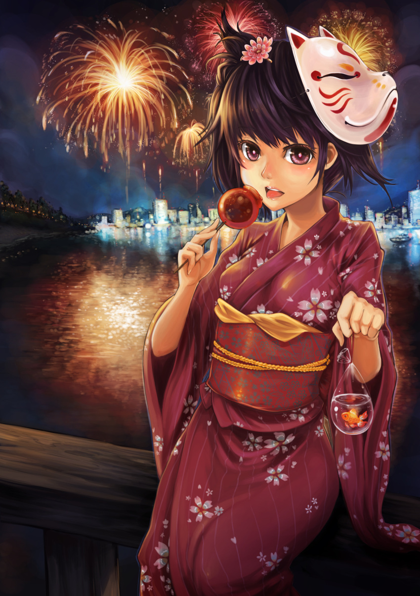 aerial_fireworks, black_hair, blush, brown_eyes, candy_apple, fireworks, fish, flower