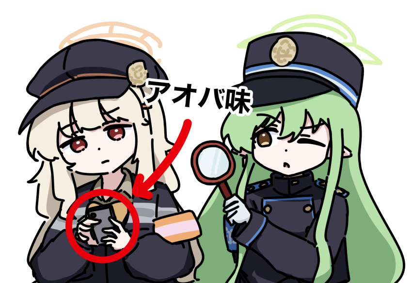 2girls, aoba_(blue_archive), arrow_(symbol), black_hat, blonde_hair, blue_archive, diamond_(gemstone), dot_nose