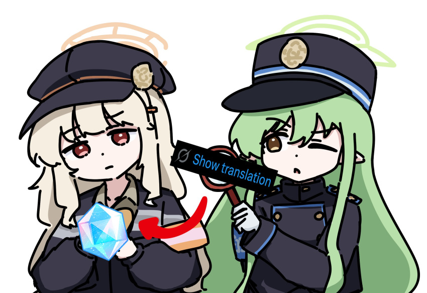 2girls, aoba_(blue_archive), arrow_(symbol), black_hat, blonde_hair, blue_archive, diamond_(gemstone), dot_nose