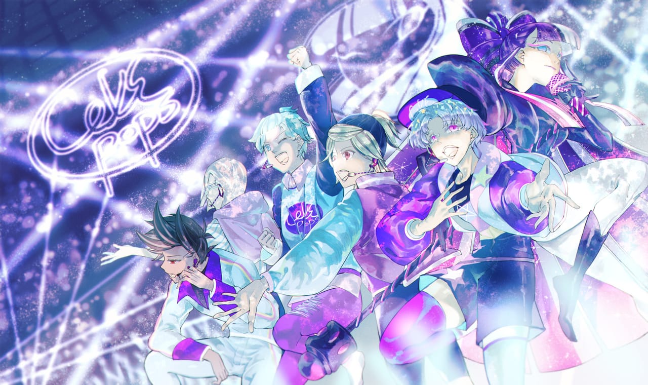 1girl, 5boys, blue_hair, boots, bow-shaped_hair, choco_banana_cookie, coconut_cream_cookie, coffee_berry_cookie, cookie_run, cookie_run:_ovenbreak, eyeliner, glitter, glitter_in_hair, headset, holding, holding_microphone, holding_microphone_stand, jacket, long_hair, makeup, microphone, multicolored_hair, pants, pink_hair, popping_candy_cookie, shining_glitter_cookie, short_hair, shorts, smile, spearmint_cookie, white_pants