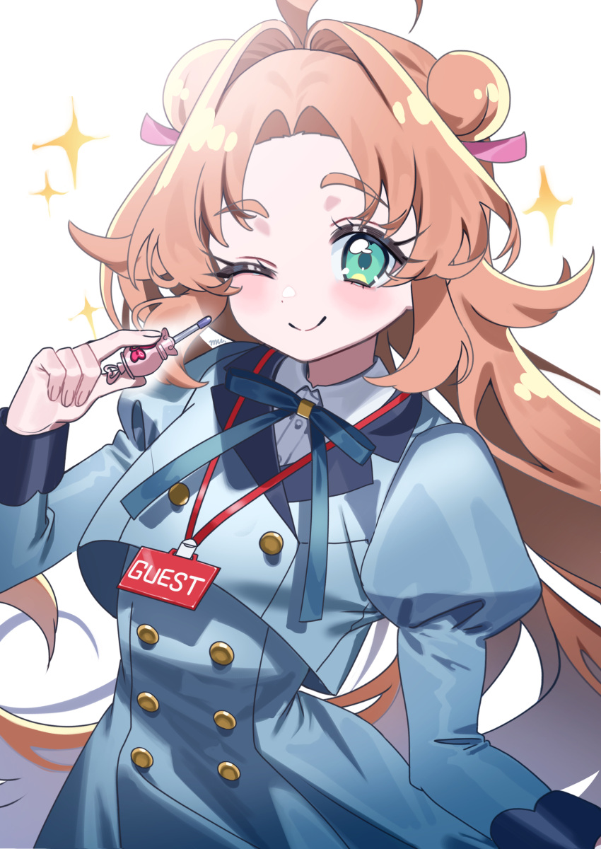 1girl, absurdres, aged_up, ahoge, akechi_anna, blue_dress, blush, brown_hair