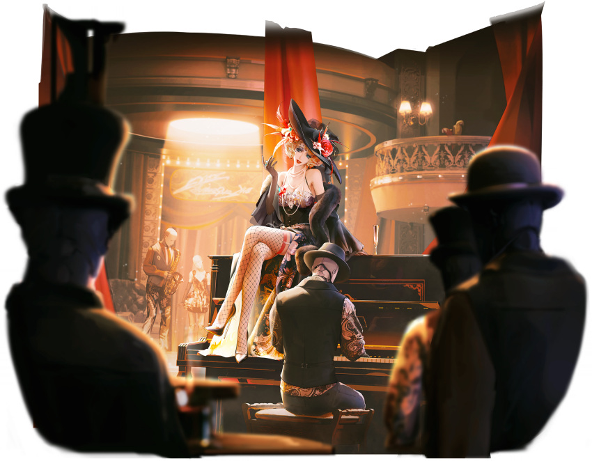 1girl, android, artist_request, bare_shoulders, bird, black_corset, black_gloves, black_hat