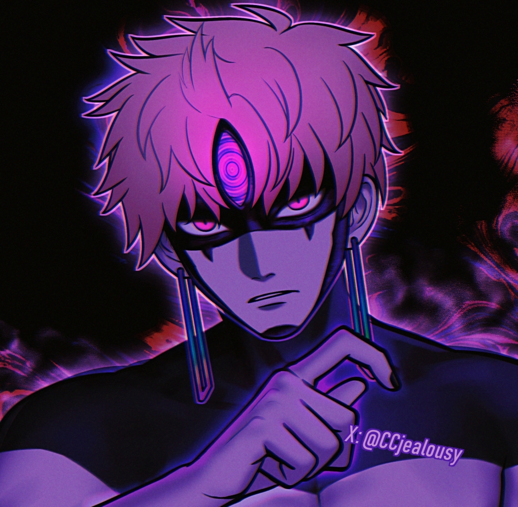 1boy, aura, black_nails, chinese_commentary, colored_skin, commentary_request, czy_(2894456992), dandadan, earrings, enjoji_jin, enjoji_jin_(possessed), jewelry, male_focus, muscular, muscular_male, portrait, purple_hair, purple_skin, solo, third_eye, twitter_username, violet_eyes, watermark