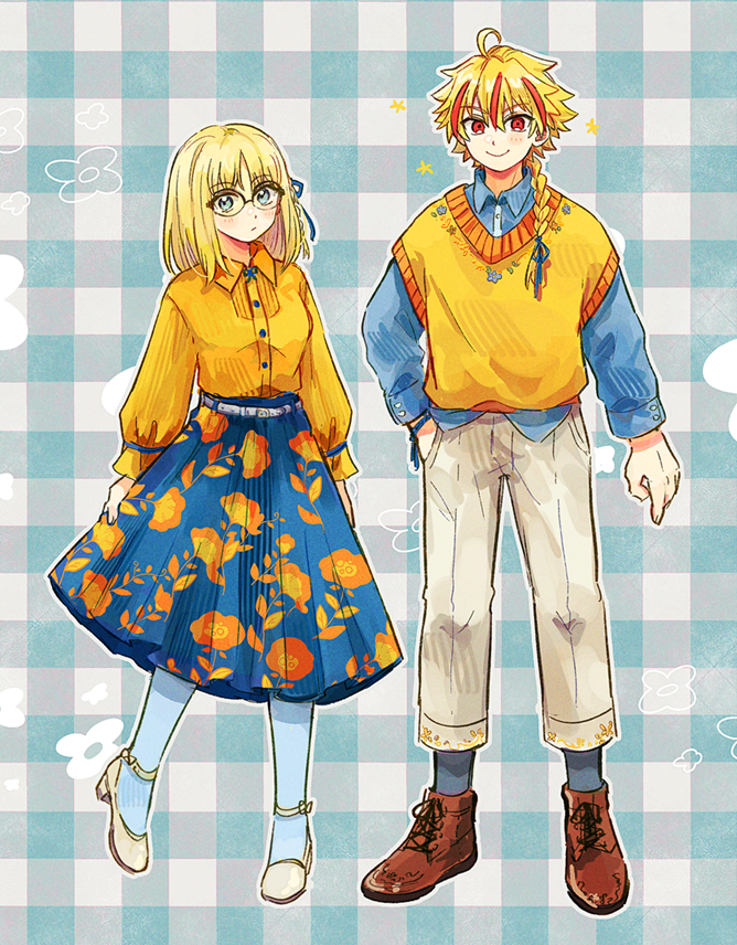 1boy, 1girl, ahoge, blonde_hair, blue_eyes, braid, braided_ponytail, commentary, fate/strange_fake, fate_(series), full_body, glasses, long_hair, looking_at_viewer, medium_hair, multicolored_hair, orizu_lm, pants, pantyhose, red_eyes, red_streaks, richard_i_(fate), sajou_ayaka_(fate/strange_fake), shirt, shoes, side_braid, single_braid, skirt, smile, standing, streaked_hair, sweater_vest, untranslatable_commentary