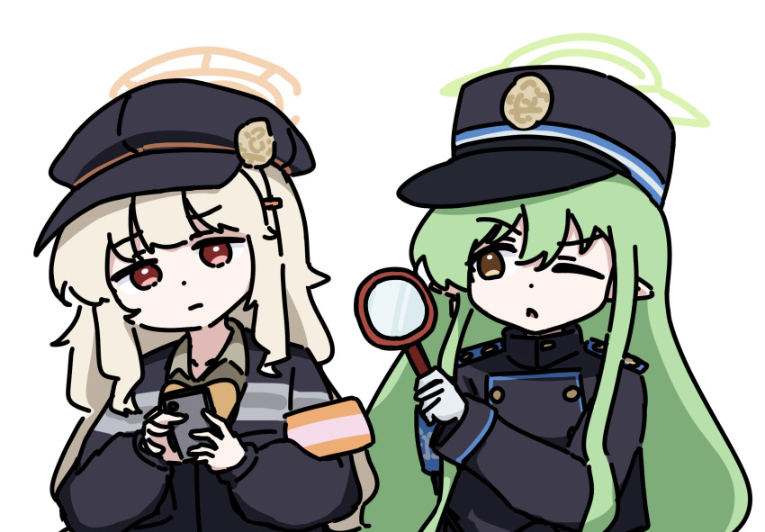 2girls, aoba_(blue_archive), black_hat, blonde_hair, blue_archive, dot_nose, gem_alert_(meme), gloves