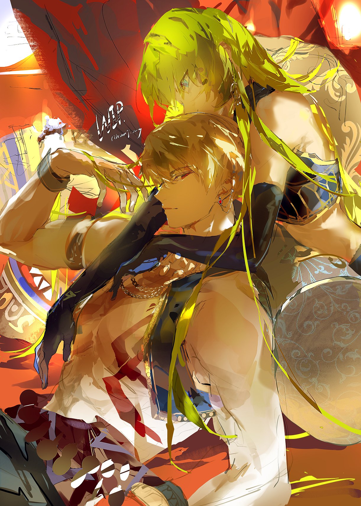 1boy, 1other, androgynous, arabian_clothes, armlet, blonde_hair, bracelet, commentary_request