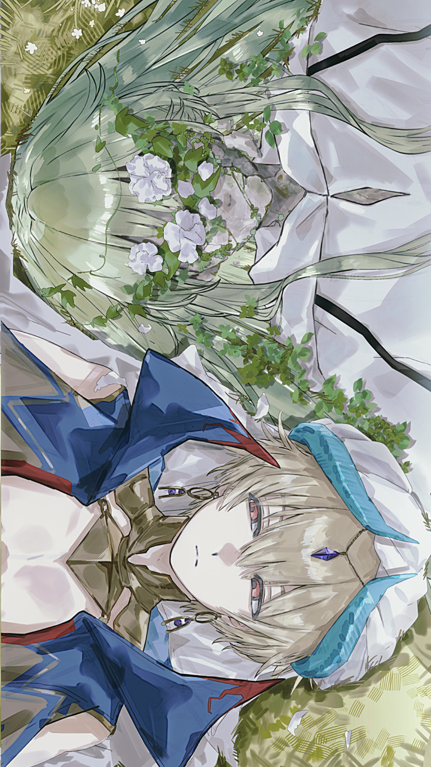 1boy, 1other, absurdres, arabian_clothes, blonde_hair, broken, chinese_commentary, commentary_request, day, earrings, enkidu_(fate), eryi021, fate/grand_order, fate_(series), flower, gilgamesh_(caster)_(fate), gilgamesh_(fate), grass, green_hair, head_chain, highres, jewelry, long_hair, lying, on_back, outdoors, red_eyes, robe, short_hair, sideways, turban, white_robe