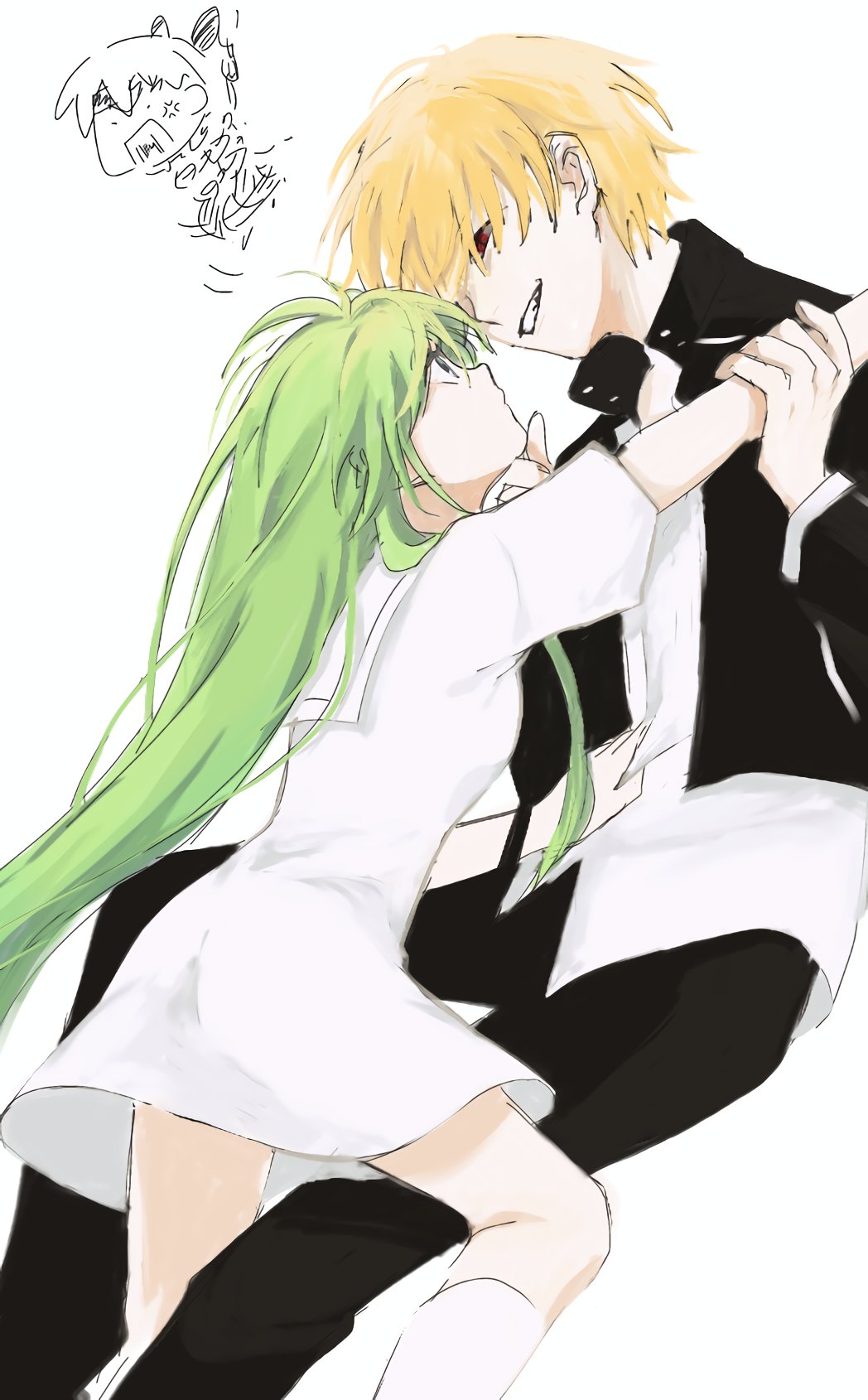 1boy, 1other, androgynous, black_jacket, blonde_hair, chibi, chibi_inset, commentary_request
