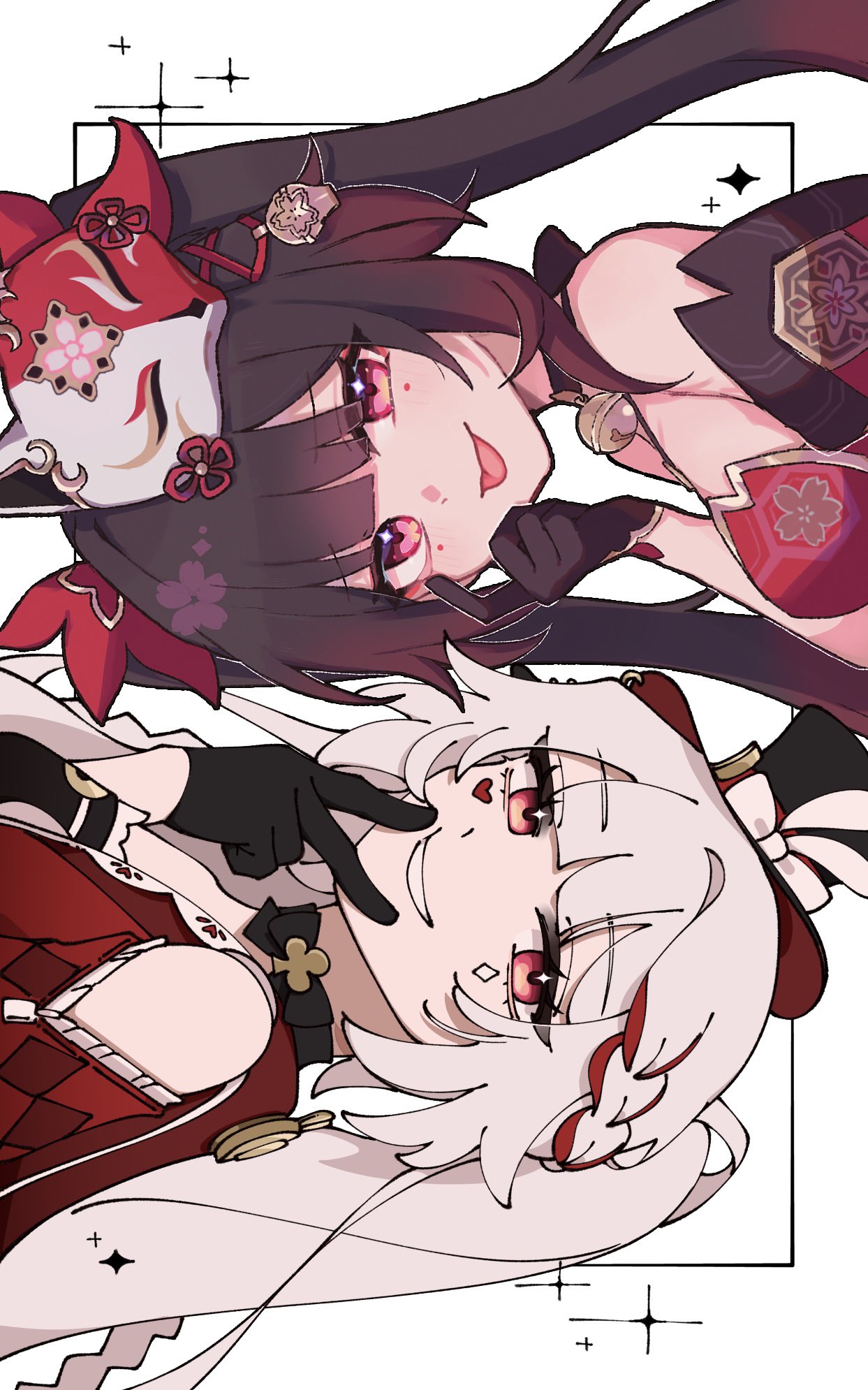 2girls, :p, apple_cafemocha, bare_shoulders, bell, black_choker, black_gloves, black_hat
