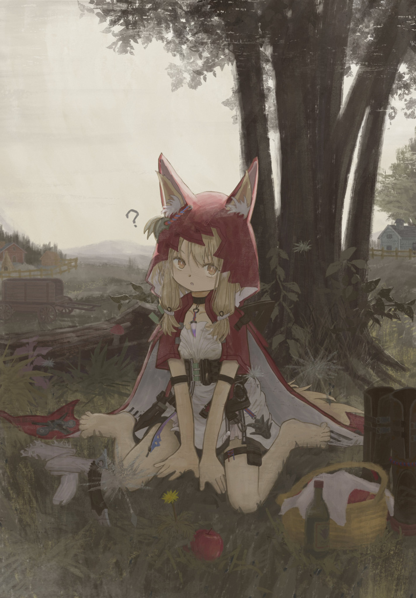 1girl, ?, absurdres, animal_ears, apple, arknights, arknights:_endfield, cape
