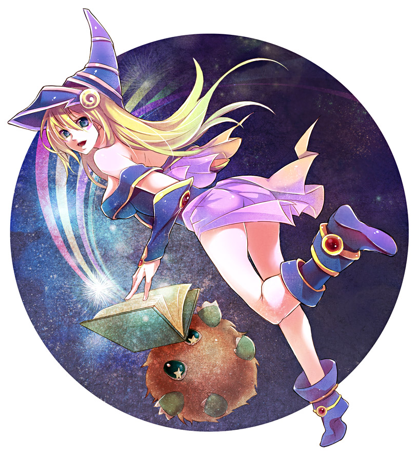 back, bare_shoulders, blonde_hair, blue_eyes, book, boots, dark_magician_girl, detached_sleeves