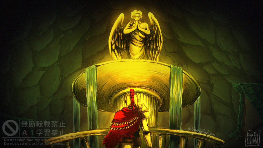 1boy, armor, canon_event, cape, cave, d3rlord3, forgotten_luna, fountain