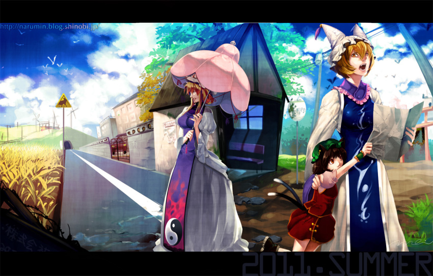 animal_ears, blonde_hair, brown_hair, cat_ears, cat_tail, chen, contemporary, earrings