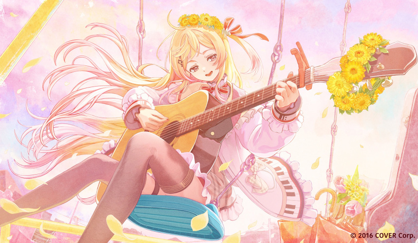 1girl, :d, absurdres, acoustic_guitar, blonde_hair, brown_dress, brown_eyes, brown_sailor_collar