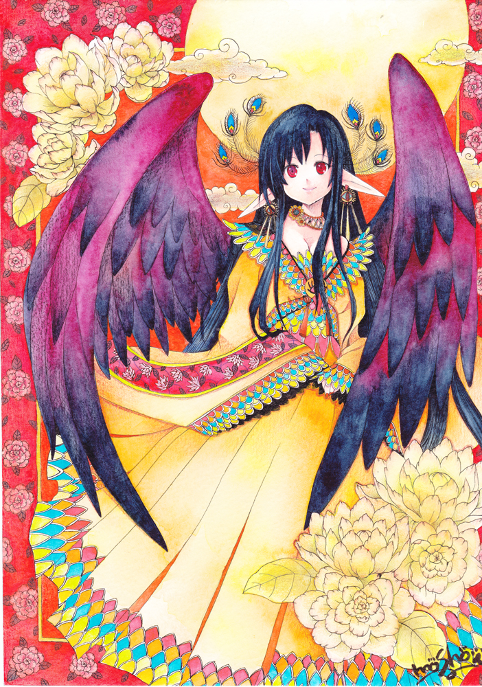 angel, black_hair, black_wings, dress, earrings, elf_ears, flower, jewelry