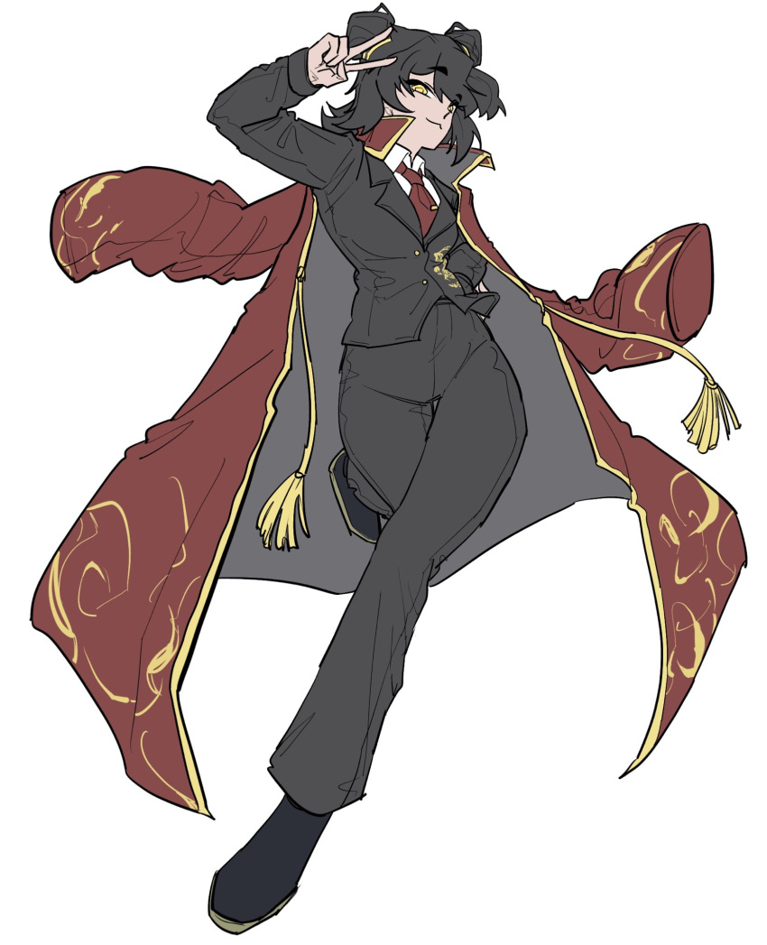 1girl, black_pants, black_shoes, coat, coat_on_shoulders, collared_shirt, commentary_request, dragon_print, full_body, gold_trim, hand_up, highres, library_of_ruina, liu_association_south_uniform, looking_at_viewer, lorreappearhope, mei_(project_moon), necktie, pants, project_moon, red_coat, red_necktie, shirt, shoes, simple_background, solo, tassel, tie_clip, v, white_background, white_shirt