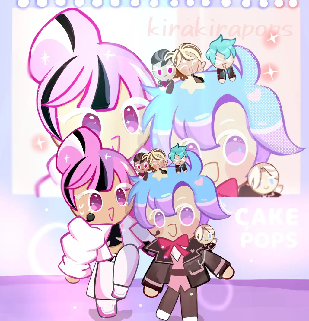 1girl, 5boys, alternate_costume, blue_hair, blush, bowtie, brown_hair, choco_banana_cookie