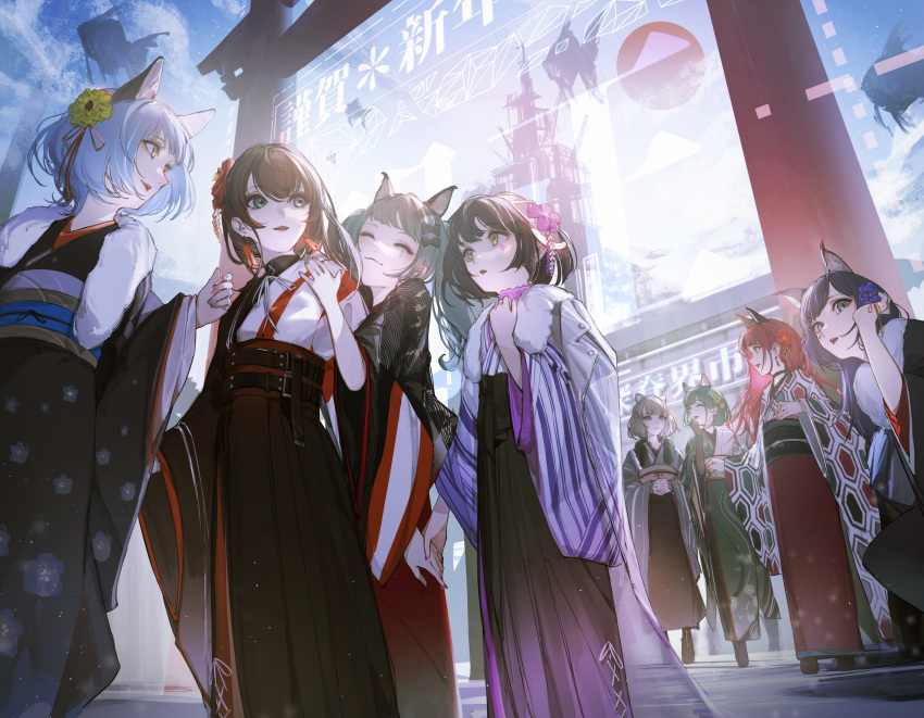 6+girls, ^_^, absurdres, adjusting_hair, animal_ears, aqua_eyes, aqua_hair, aru_(sinsekai)