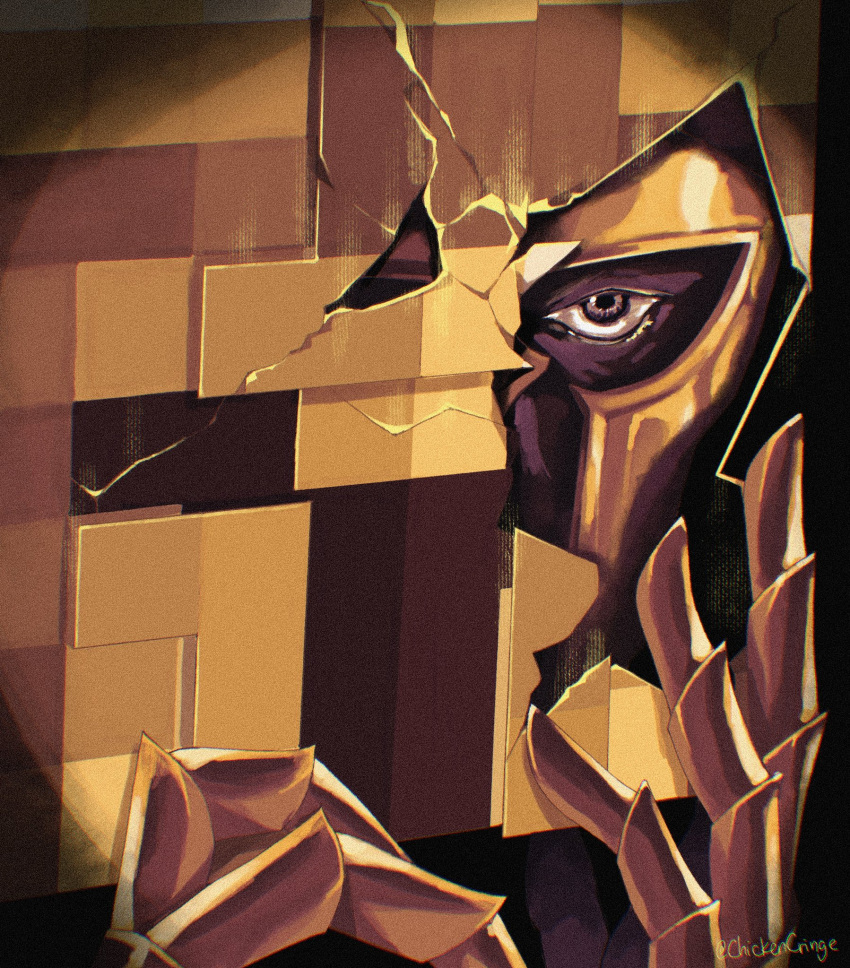 1boy, armor, block_head, chickencringe, cracked_kawaii_mask, d3rlord3, hand_up, helmet