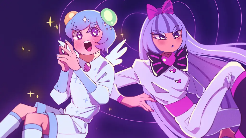 angel_lightstick, angel_wings, blue_hair, blue_nails, blush, boots, bow, bowtie