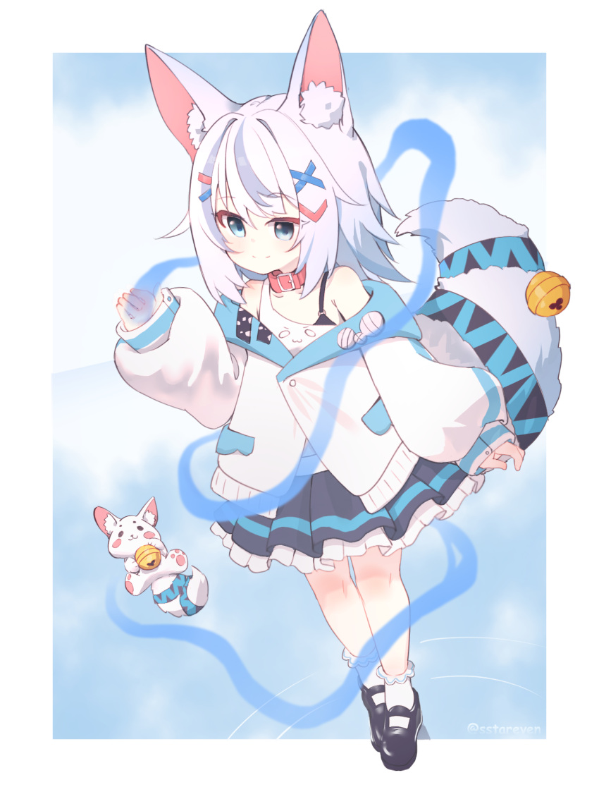 1girl, animal_ear_fluff, animal_ears, bell, black_shoes, fox_ears, fox_girl, fox_tail