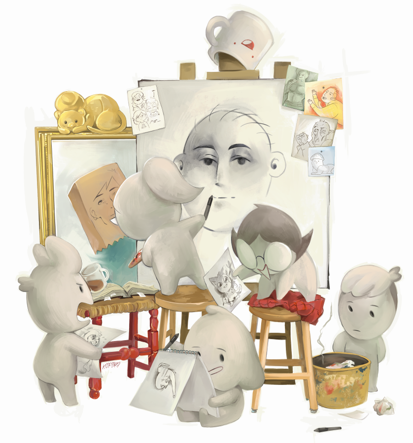 1other, 2boys, 2girls, bag, beard, bobby_hill_(drawfee), book, canvas_(object)