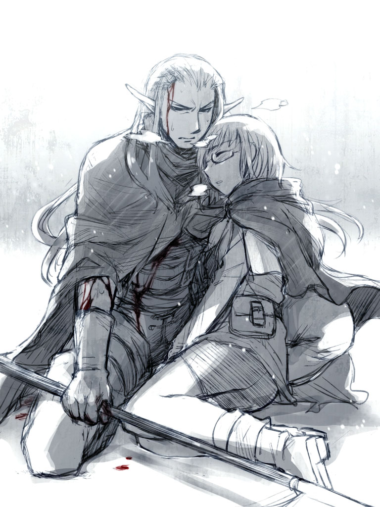 1girl, blood, chrono_trigger, cloak, couple, glasses, injury, itsuki_(bind_weed)