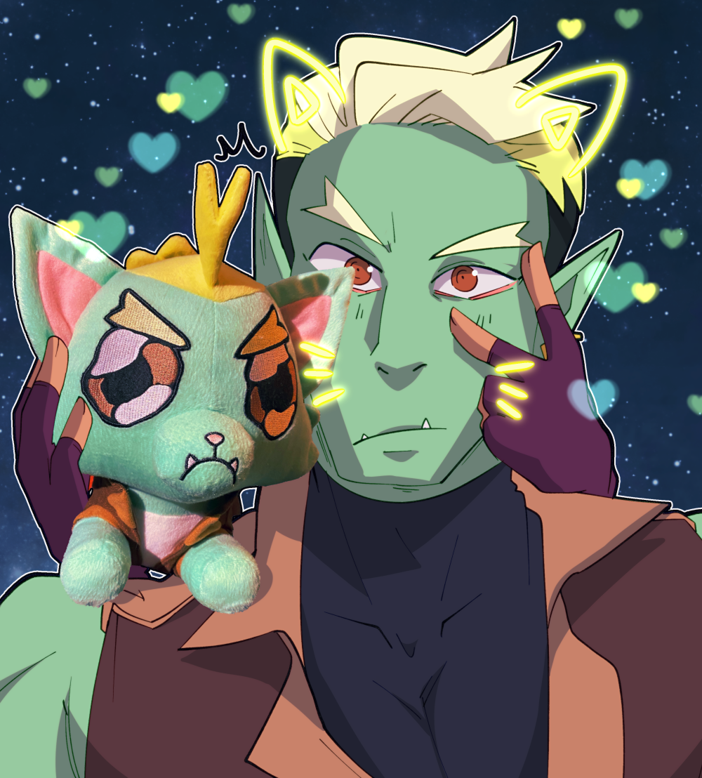 1boy, 1girl, blonde_hair, character_doll, closed_mouth, colored_skin, doll, drawfee, drawn_ears, drawn_whiskers, drawtectives, earrings, frown, green_skin, gyorik_rogdul, heart, jewelry, karina_farek, looking_at_viewer, male_focus, mixed_media, monster_boy, muscular, muscular_male, official_alternate_costume, official_art, orc, out_of_frame, pectorals, piss_boy_(drawtectives), pointy_ears, promotional_art, rose_(drawtectives), shirt, short_hair, stuffed_animal, stuffed_cat, stuffed_toy, tusks, underbite, undercut, upper_body, very_short_hair