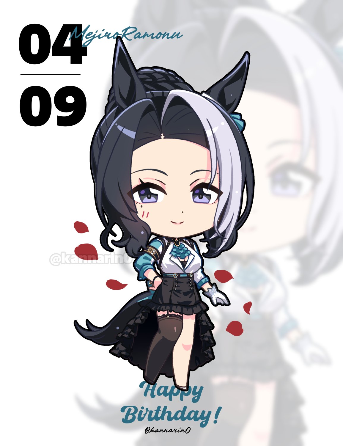 animal_ears, birthday, black_hair, black_thighhighs, gloves, happy_birthday, highres, horse_ears