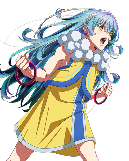 1boy, aries_(yasei_no_last_boss), bare_shoulders, blue_hair, blue_trim, bracelet, bright_pupils, clenched_hands