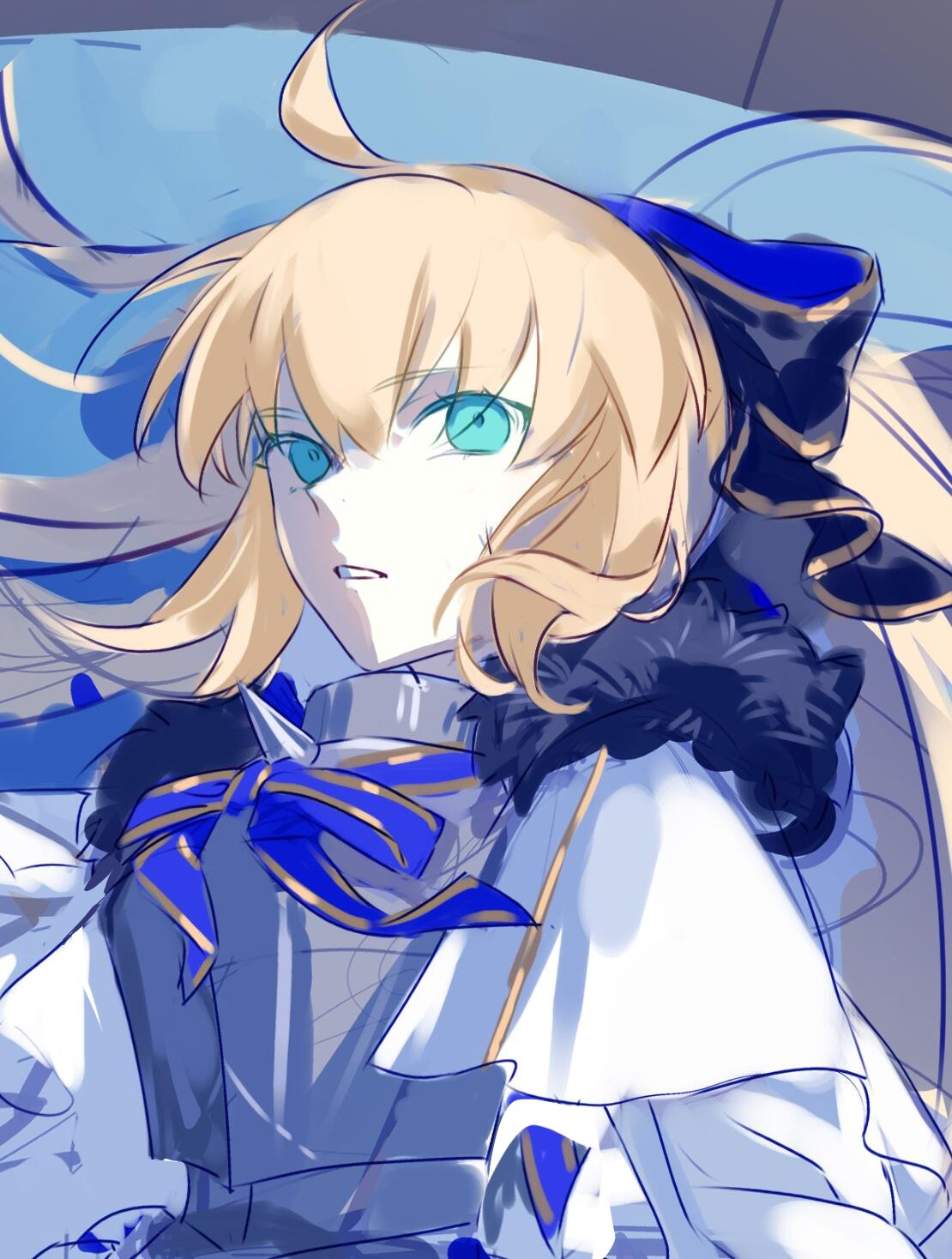 1girl, aesc_(fate), aesc_(savior)_(fate), ahoge, aqua_eyes, armor, armored_dress, black_bow
