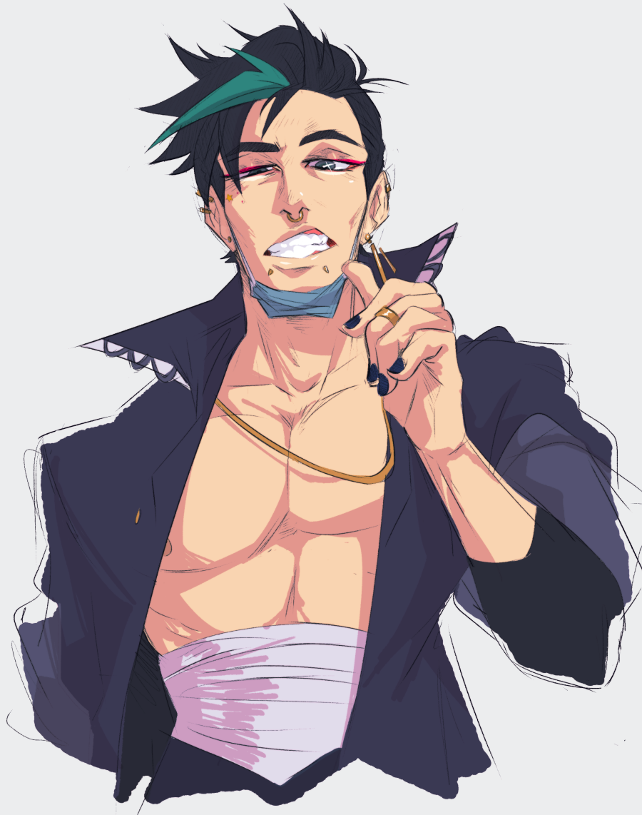 1boy, alternate_universe, bare_pectorals, black_hair, bousouzoku, cheekbones, commentary, delinquent