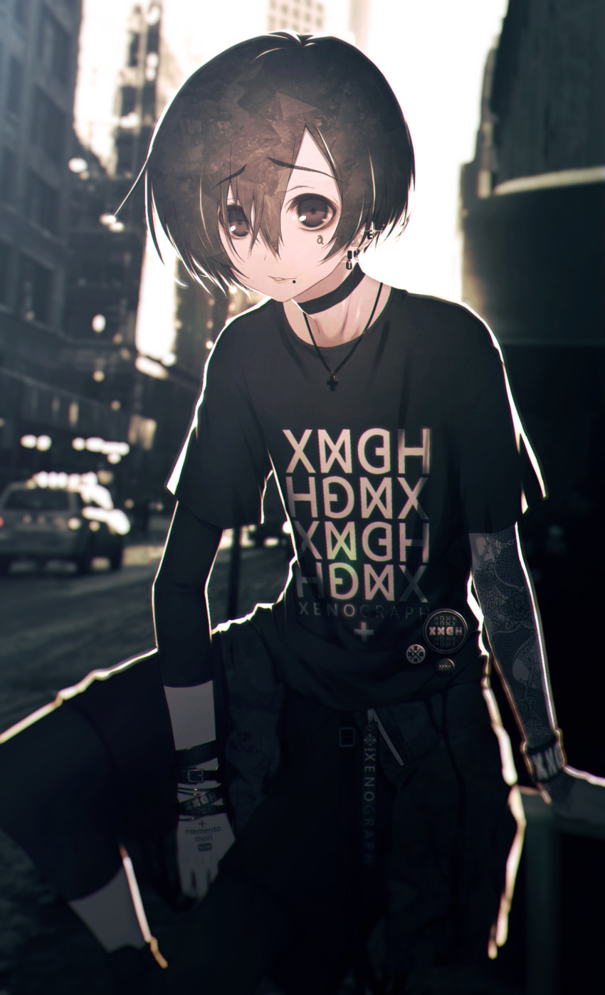 1boy, arm_between_legs, arm_support, arm_tattoo, asymmetrical_sleeves, backlighting, black_choker, black_eyes