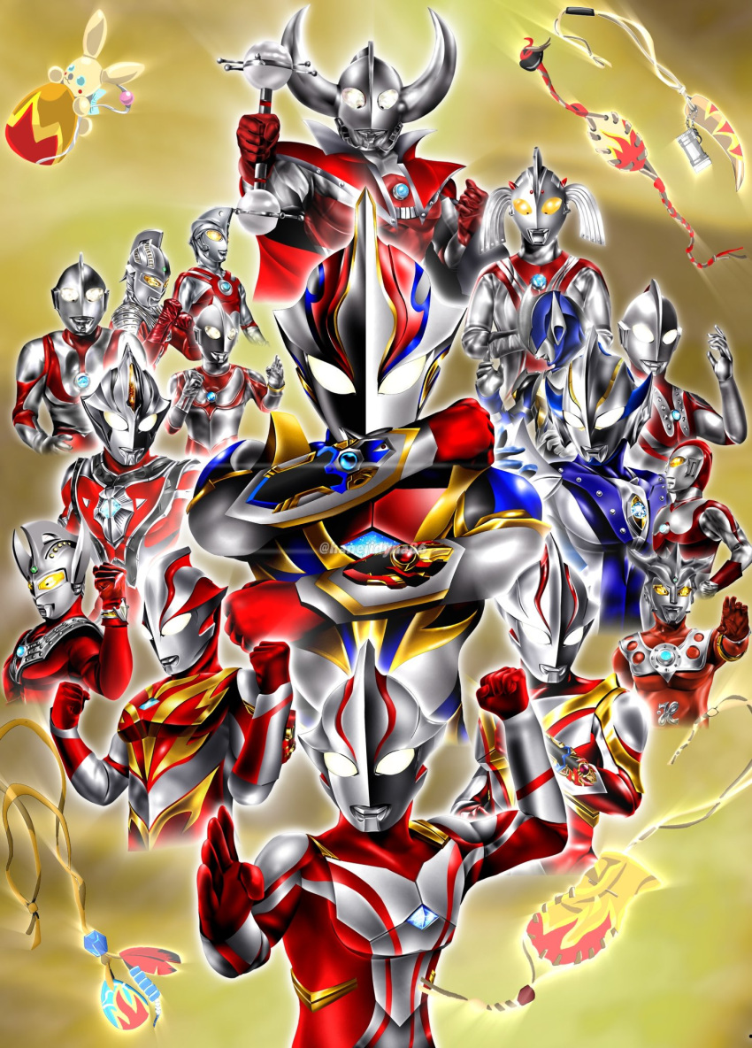 1girl, 6+boys, alien, animal_charm, arm_guards, arm_up, armor, beard