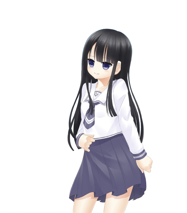 1girl, asymmetrical_bangs, black_hair, blue_eyes, blue_neckerchief, blue_skirt, blunt_bangs, choppy_bangs