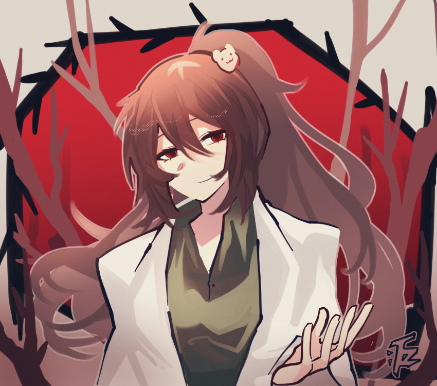 1girl, bear_hair_ornament, branch, brown_hair, carmen_(project_moon), castlwhite, closed_mouth, coat
