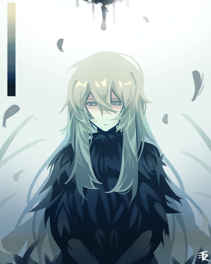 1girl, absurdres, angela_(project_moon), black_dress, blue_hair, castlwhite, closed_mouth, downturned_eyes