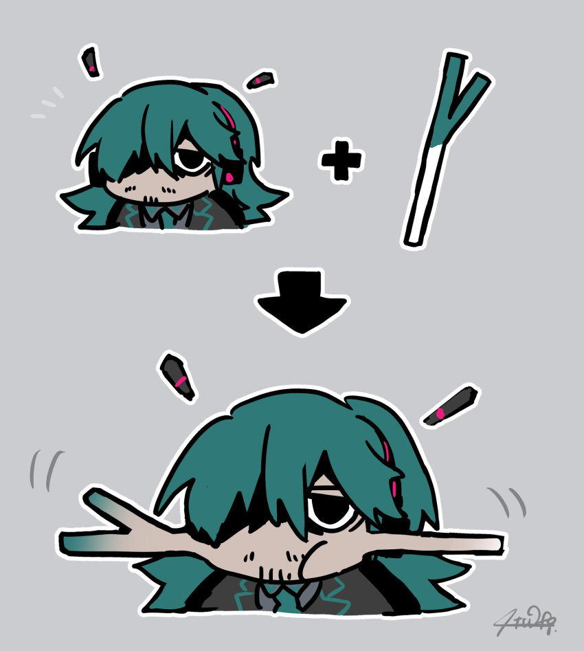 1boy, arrow_(symbol), atuhi, black_coat, black_eyes, blue_hair, blue_necktie, chibi, chibi_only, coat, collared_shirt, eating, facial_hair, food_in_mouth, genderswap, genderswap_(ftm), goatee_stubble, grey_background, grey_shirt, hatsune_miku, headset, highres, long_hair, male_focus, mature_male, miku-oji, mustache_stubble, necktie, plus_sign, portrait, shirt, simple_background, solo, spring_onion, stubble, vocaloid