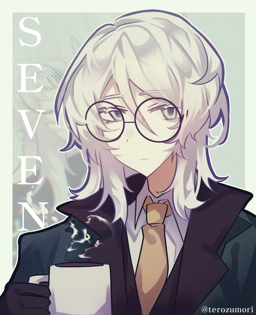 1girl, absurdres, black_gloves, blue_eyes, brown_vest, castlwhite, closed_mouth, coat, collared_dress, colored_eyelashes, cup, dress, english_text, faust_(project_moon), glasses, gloves, green_coat, highres, holding, holding_cup, limbus_company, looking_at_viewer, medium_hair, necktie, pale_skin, project_moon, round_eyewear, seven_association_south_(identity)_(project_moon), seven_association_south_uniform, shirt, steam, vest, white_eyelashes, white_hair, white_shirt, yellow_necktie