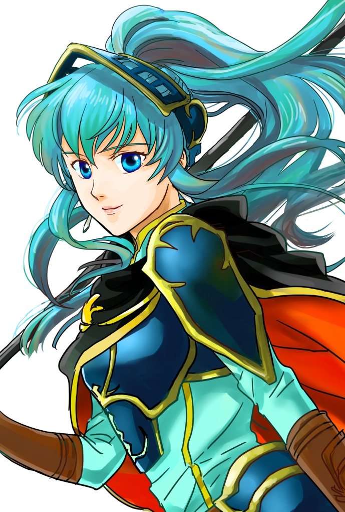 1girl, aqua_hair, armor, breastplate, breasts, brown_gloves, cosplay, eirika_(fire_emblem)