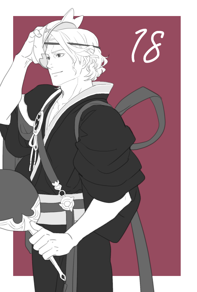 1boy, border, character_mask, fire_emblem, fire_emblem_fates, fire_emblem_heroes, greyscale, hand_fan, japanese_clothes, kimono, male_focus, mask, mask_on_head, monochrome, official_alternate_costume, red_background, solo, white_border, xander_(dancing_knight)_(fire_emblem), xander_(fire_emblem), yomiko_(61549392)