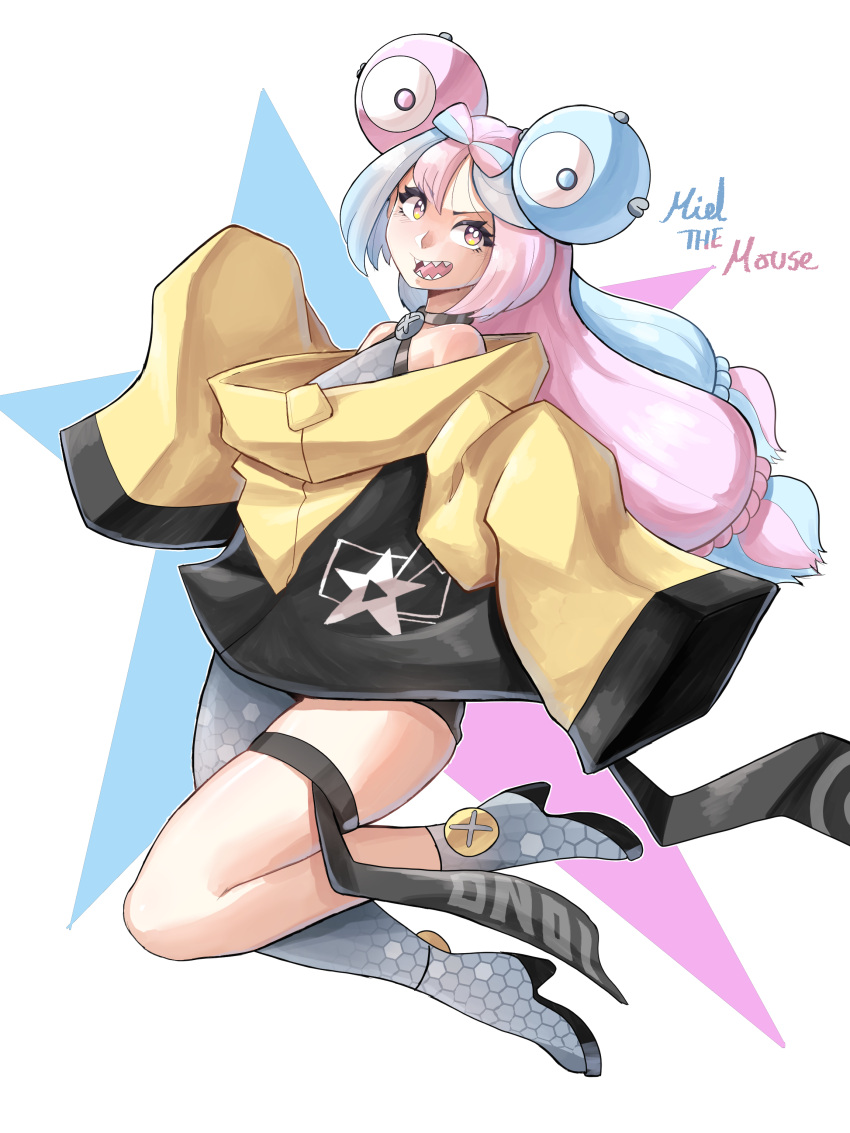 1girl, absurdres, blue_hair, blush, bow-shaped_hair, character_hair_ornament, hair_ornament, highres, iono_(pokemon), jacket, long_hair, long_sleeves, looking_at_viewer, mielthemouse, multicolored_hair, open_mouth, pink_hair, pokemon, pokemon_scarlet_and_violet, sharp_teeth, shirt, single_leg_pantyhose, sleeves_past_fingers, sleeves_past_wrists, smile, solo, teeth, two-tone_hair, virtual_youtuber, yellow_jacket